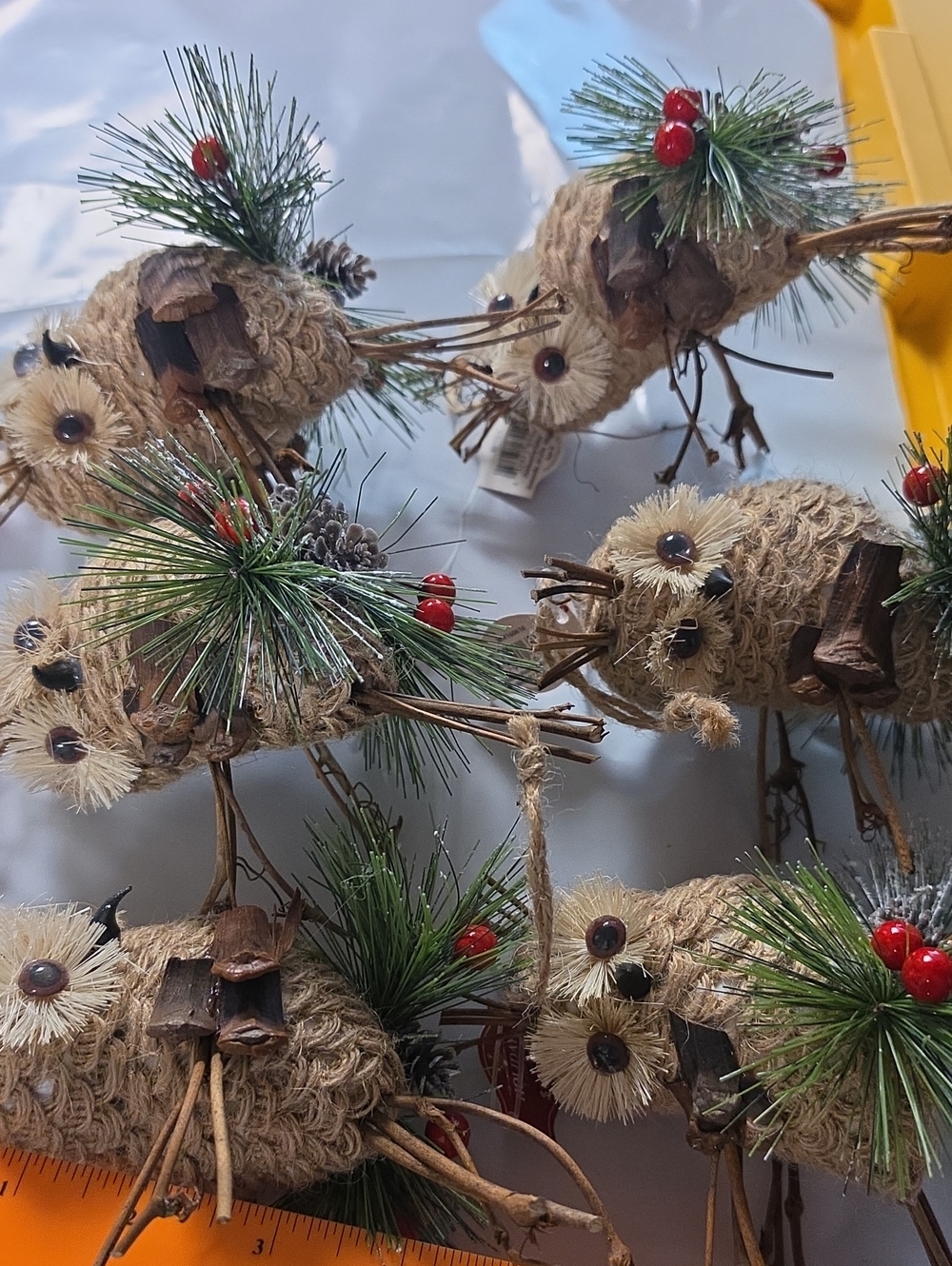 Holiday Time Natural Brown Bird Ornaments with Green Pine and Red Berries